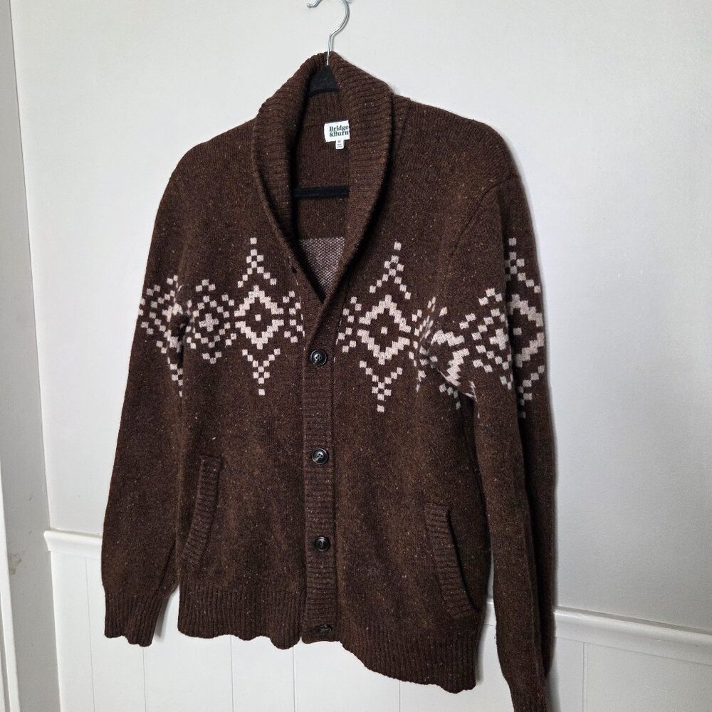 Men's Brown Shawl Collar Cardigan Sweater with Fair Isle Pattern